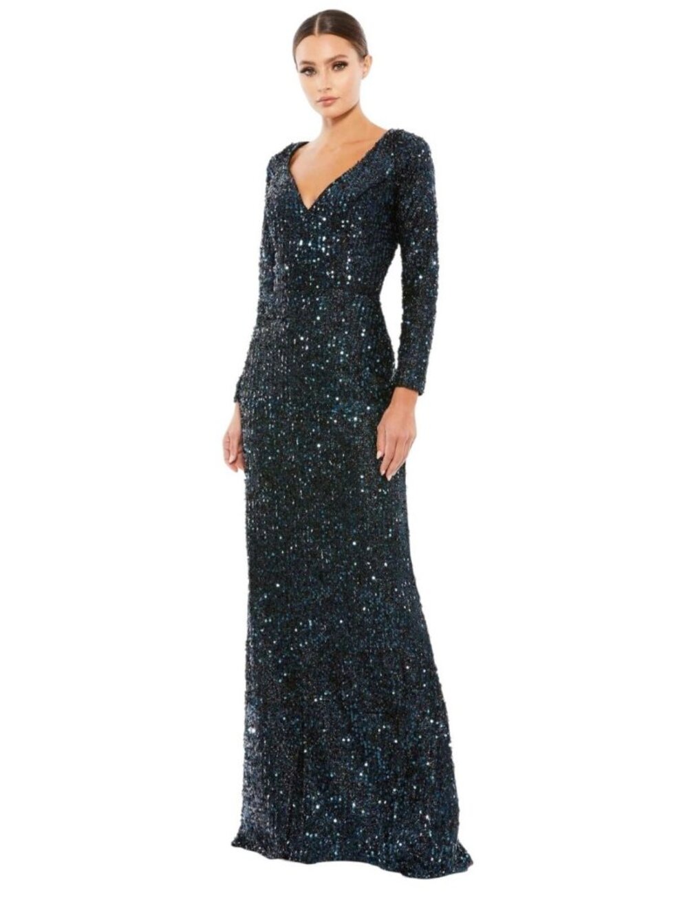Ieena for Mac Duggal Size 18 Long Sleeve Sequined Gown Navy Blue 26445 New
